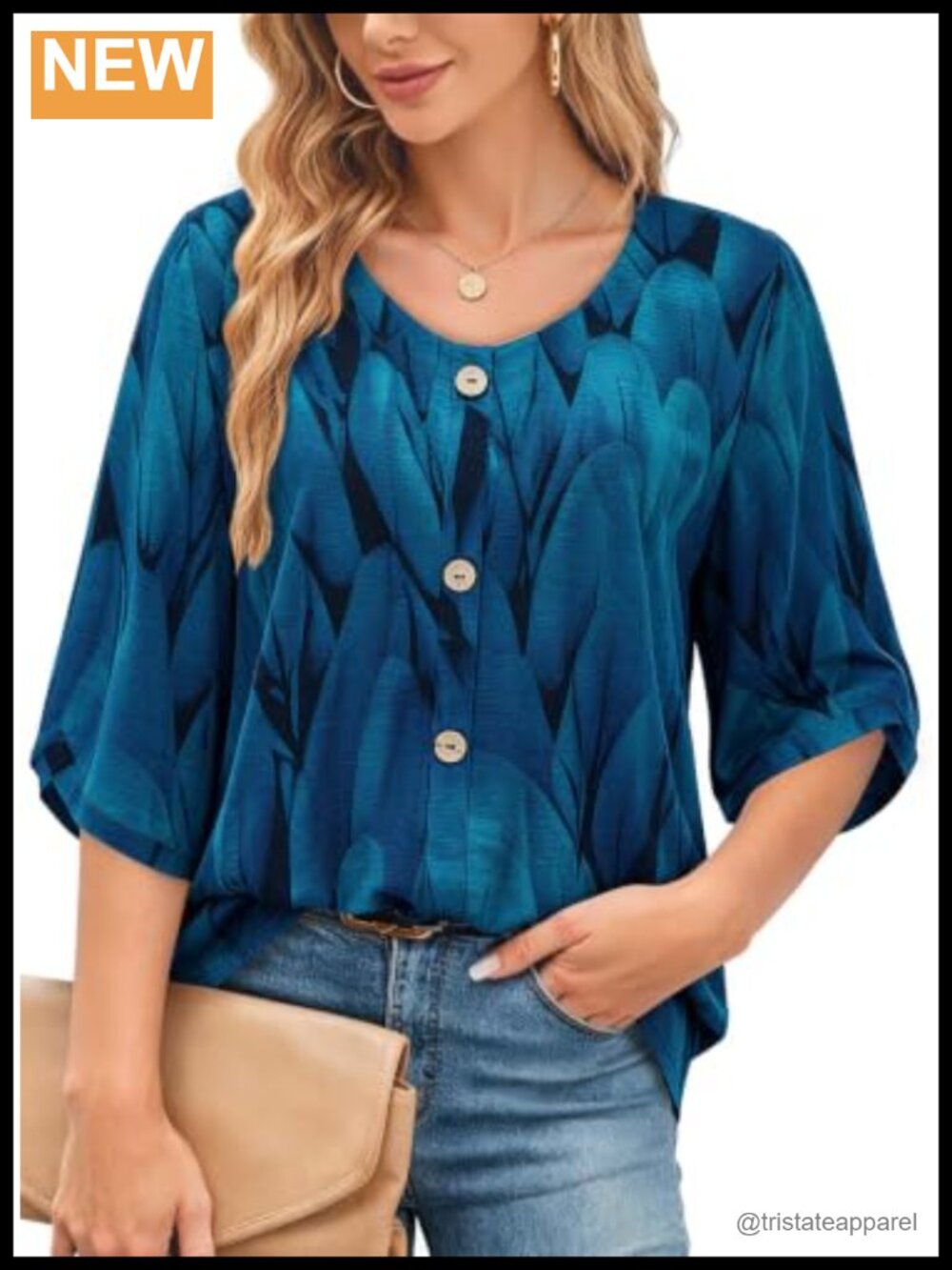 Plus Size V-Neck 3/4 Sleeve Button Front Tunic Top